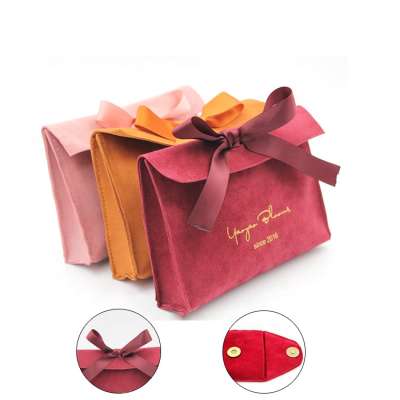 Free sample Custom logo printed small envelope shape bag luxury Suede Flap Jewelry necklace Pouch With Ribbon Bow